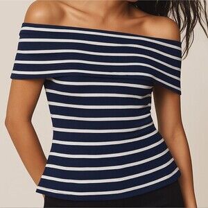 Anthropologie Navy and White Striped Off-Shoulder Top